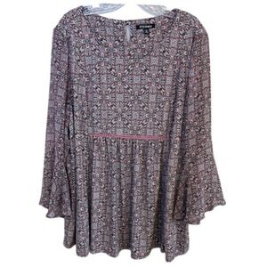 Roz & Ali Women's Black Pink Geometric Print 3/4 Balloon Sleeve Peasant Top 2X